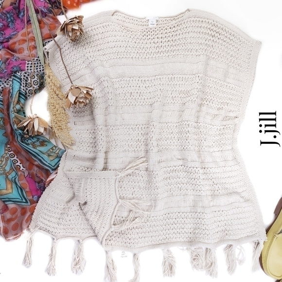 J. Jill Sweaters - J. Jill Tan Cotton Open Weave Poncho M/L